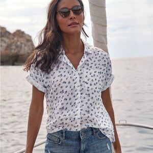 Garnet Hill White Button-Down Shirt with Blue Floral Print